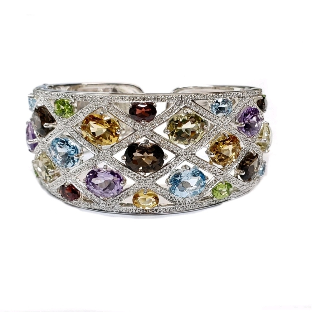 Multi-Color Gemstone 925 Sterling Silver Designer Hinged Cuff Bracelet
